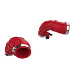A pair of red reinforced silicone turbo inlet pipes with stainless steel SmartSeal clamps by aFe Power.