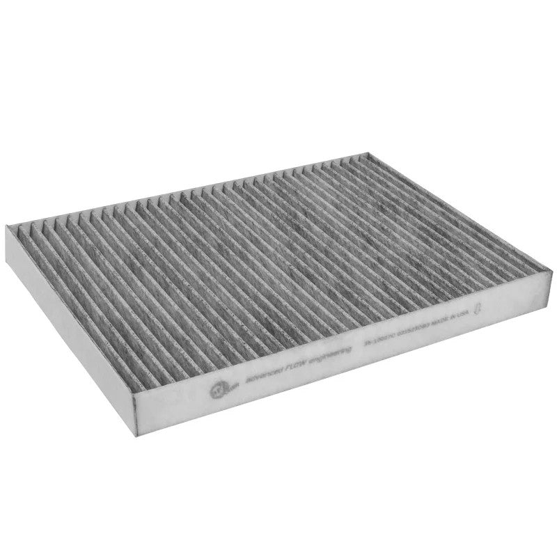 aFe POWER Carbon Cabin Air Filter 35-10027C showing activated carbon media for select Audi and Porsche vehicles.