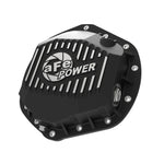 Black powder-coated cast aluminum aFe Power Pro Series rear differential cover with machined cooling fins and sight glass.