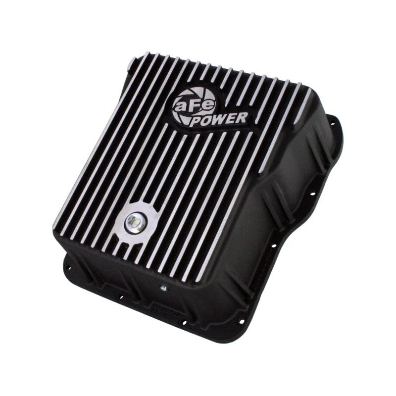 aFe Power Pro Series wrinkle black die-cast aluminum deep transmission pan with machined cooling fins