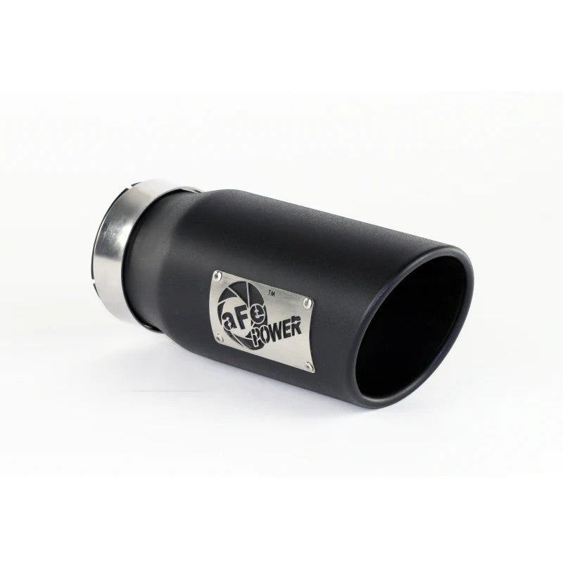 aFe Power black stainless steel slash-cut exhaust tip with 4 inch inlet, 5 inch outlet, and laser-etched logo.