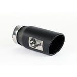 aFe Power black stainless steel slash-cut exhaust tip with 4 inch inlet, 5 inch outlet, and laser-etched logo.