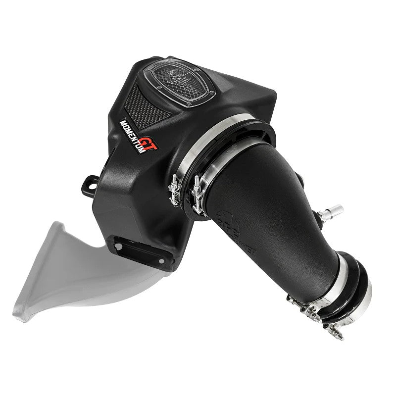 aFe POWER Momentum GT cold air intake with black sealed housing and carbon fiber accents for 2017-2018 Ram 2500/3500.