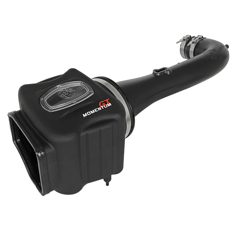 aFe Power Momentum GT cold air intake with black sealed housing, clear sight window, and oil-free Pro DRY S filter.
