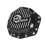 Wrinkle black aFe Power Pro Series aluminum differential cover with machined fins and oil level sight glass.