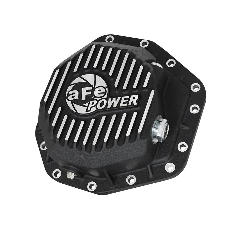 Wrinkle black aFe Power Pro Series aluminum differential cover with machined fins and oil level sight glass.