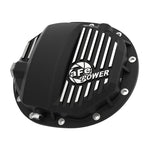 Black powder-coated aFe Power Pro Series rear differential cover with machined fins and sight glass for AAM 9.5/9.76 axles.