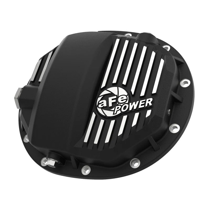 Black powder-coated aFe Power Pro Series rear differential cover with machined fins and sight glass for AAM 9.5/9.76 axles.