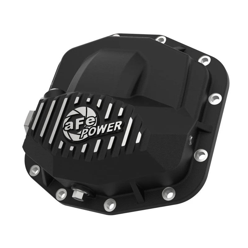 aFe Power Pro Series black powder-coated cast aluminum front differential cover with machined fins and oil sight glass.