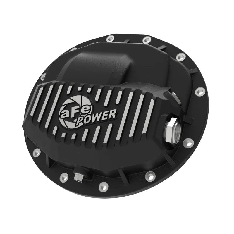 aFe Power Pro Series black powder-coated cast aluminum front differential cover with machined fins and sight glass