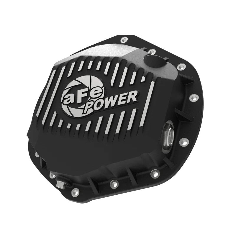 aFe Power Pro Series black cast aluminum rear differential cover with machined fins and oil sight glass for Ram trucks.