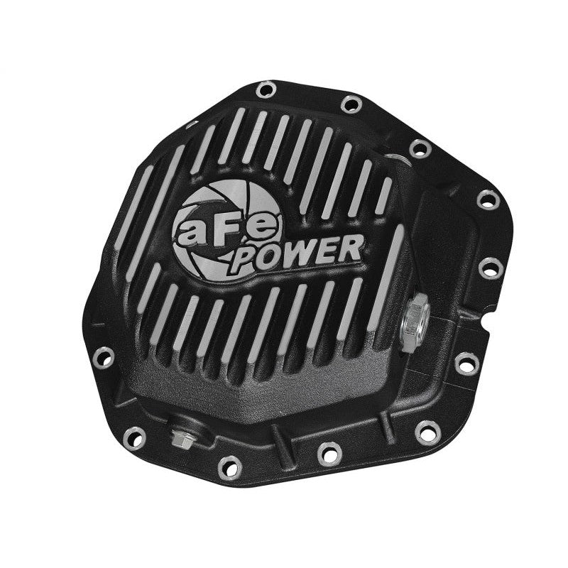 Black powder-coated aFe Power rear differential cover with machined cooling fins and sight glass for Dana M300-14 axles