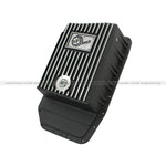 aFe Power Pro Series wrinkle black die-cast aluminum 6R80 transmission pan with machined cooling fins.