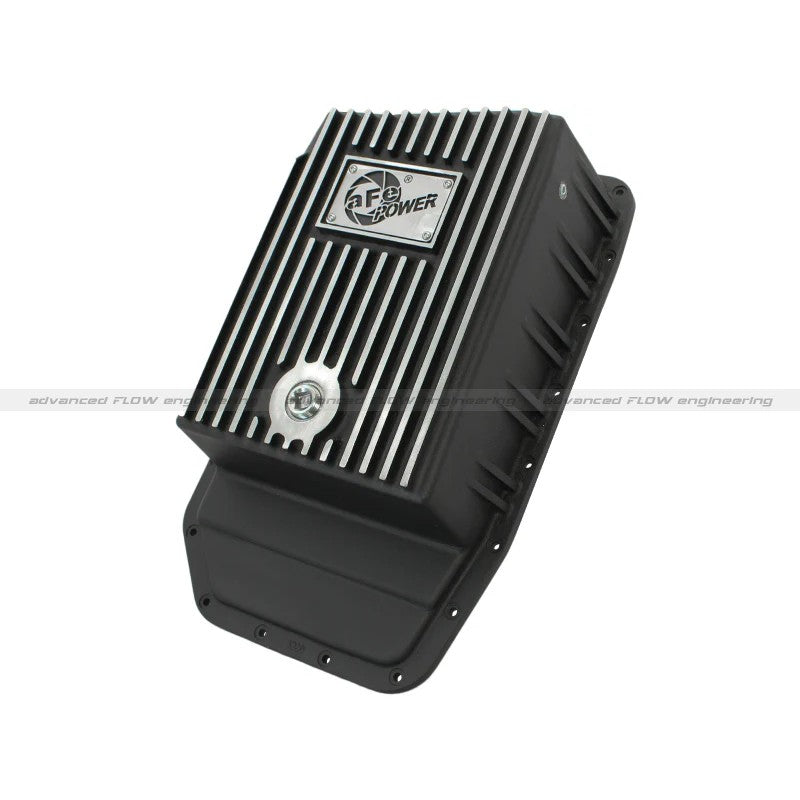 aFe Power Pro Series wrinkle black die-cast aluminum 6R80 transmission pan with machined cooling fins.