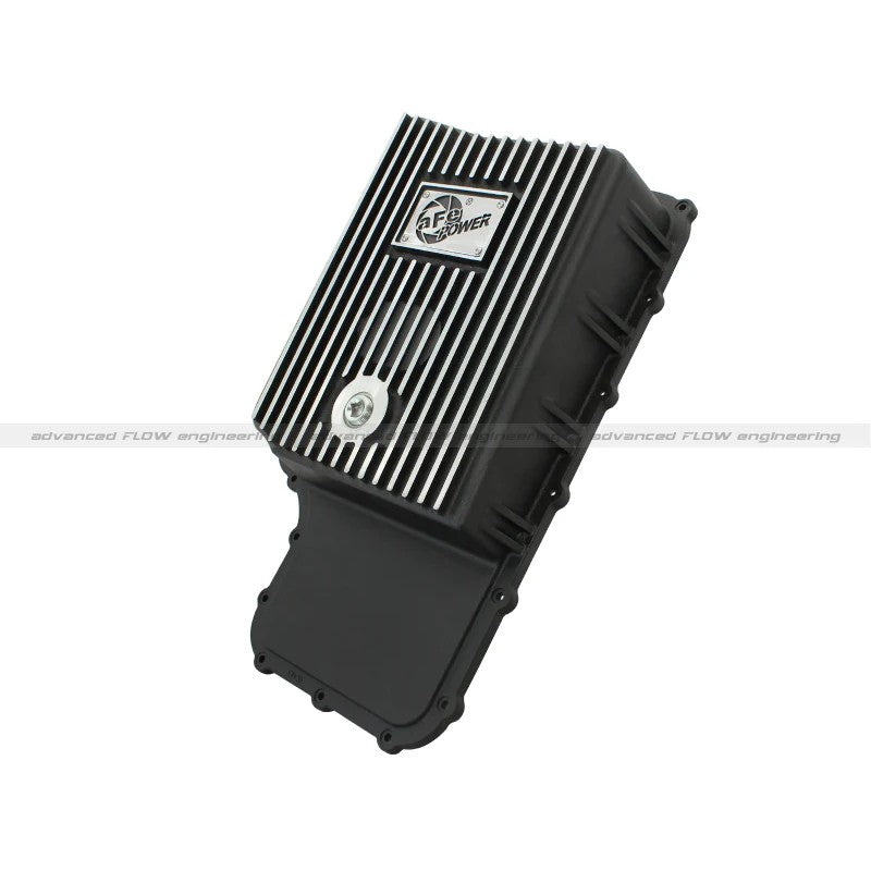 aFe Power Pro Series wrinkle black aluminum transmission pan with cooling fins and magnetic drain plug