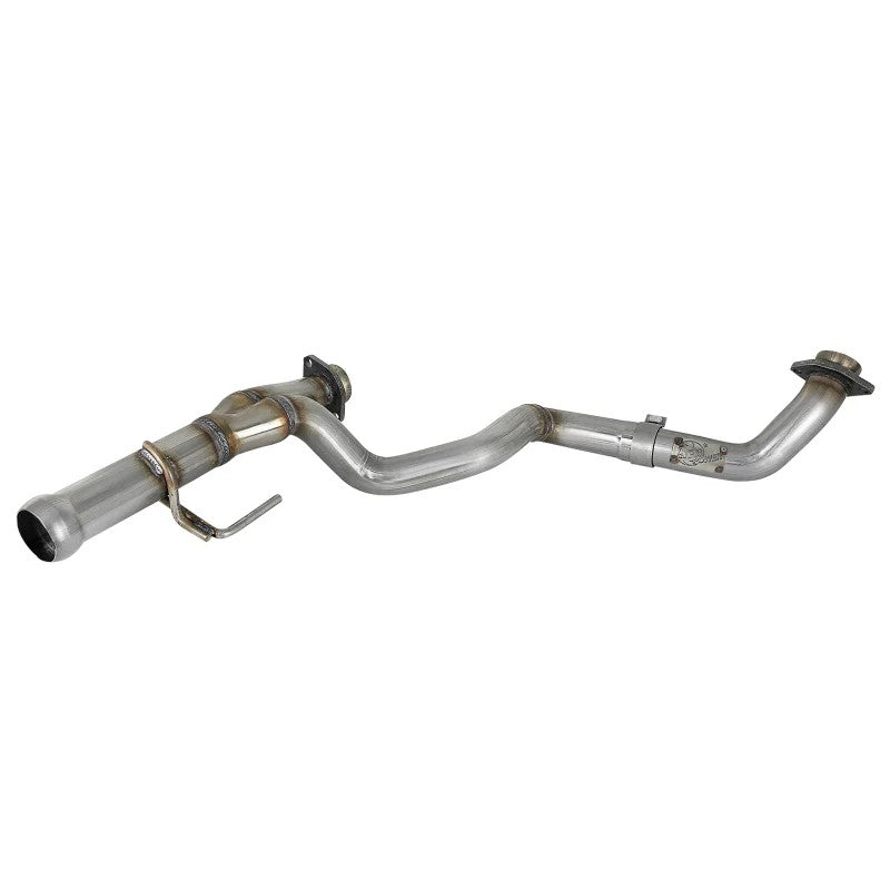 aFe POWER Twisted Steel 409 stainless steel Y-pipe with mandrel-bent 2-1/4 inch to 2-1/2 inch tubing.