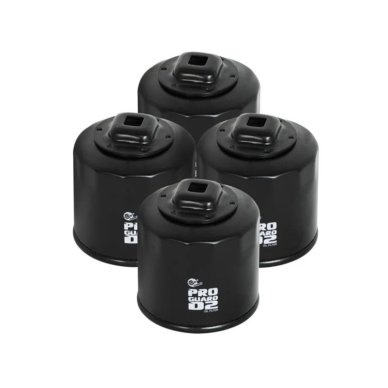aFe POWER Pro GUARD D2 high-flow oil filter 4-pack featuring black canisters with white aFe branding and logo.