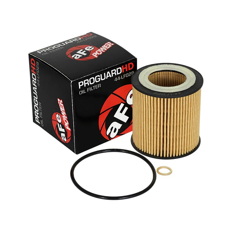 aFe POWER Pro GUARD D2 cartridge oil filter with replacement O-rings for 2006-2020 BMW L6-3.0T engines.