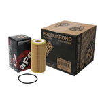 Set of four aFe Power Pro GUARD HD black canister oil filters featuring high-performance synthetic media.