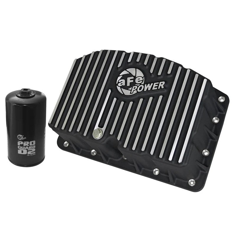 Wrinkle black aFe Pro Series cast aluminum engine oil pan with machined fins for Ford 6.7L Powerstroke