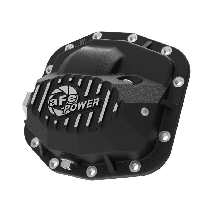 Black cast aluminum aFe Power Pro Series front differential cover for Dana M186 axle on 2018-2023 Jeep Wrangler JL.