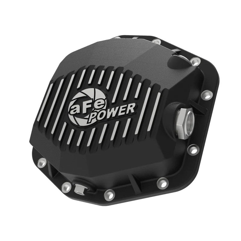 Black powdercoated aFe Pro Series cast aluminum rear differential cover with machined cooling fins and oil sight glass