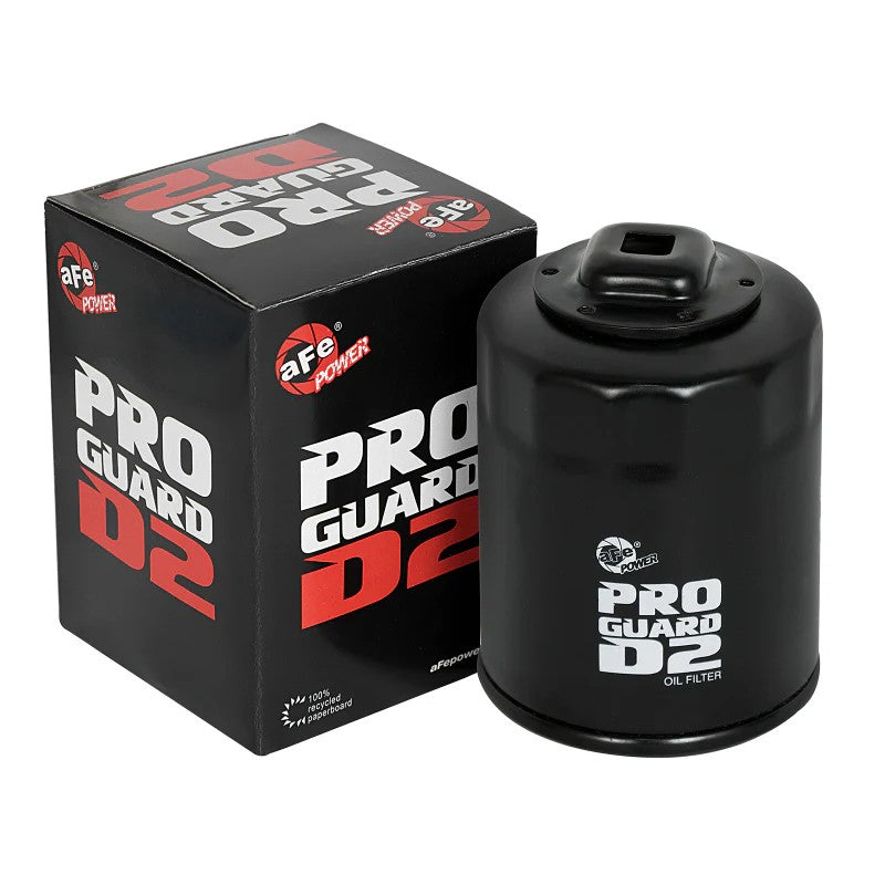 aFe Power ProGuard D2 canister oil filter with integrated 3/8 inch nut and 600 lb burst strength canister