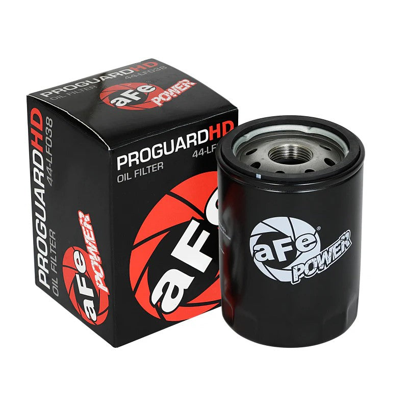 aFe Power ProGuard D2 white oil filter canister with 3/8 inch ratchet drive boss and 44-LF038 part number.