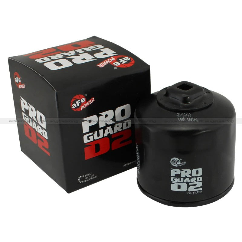 aFe Power ProGuard D2 oil filter with integrated 3/8 inch nut and heavy duty black canister