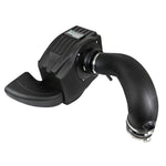 aFe Quantum Pro 5R cold air intake with black XLPE housing, blue 5-layer oiled filter, and silicone bellows coupling.