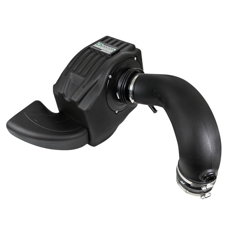 aFe Quantum Pro 5R cold air intake with black XLPE housing, blue 5-layer oiled filter, and silicone bellows coupling.
