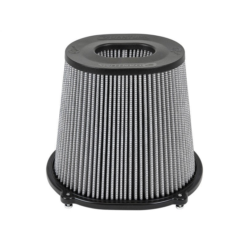 aFe Power Quantum Pro DRY S air filter featuring an inverted top, 5-inch flange, and blue synthetic dry media.