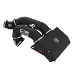 aFe Rapid Induction intake system with dual wrinkle-black 3.5-inch tubes and dual blue Pro 5R cone air filters.