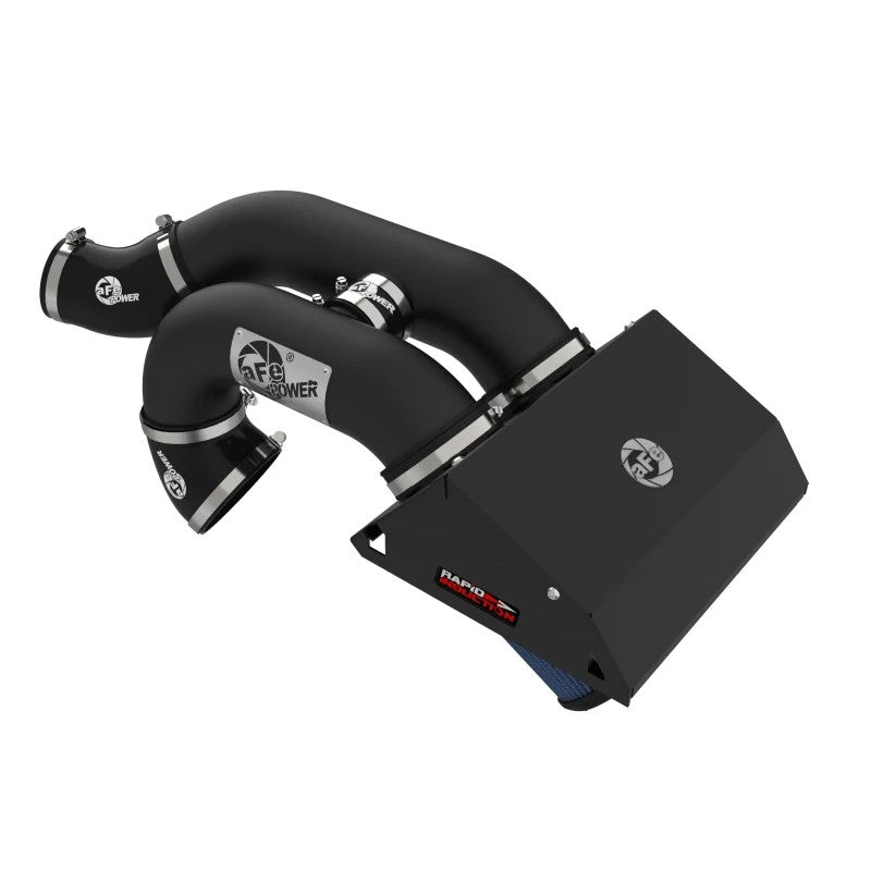 aFe Rapid Induction intake system with dual wrinkle-black 3.5-inch tubes and dual blue Pro 5R cone air filters.