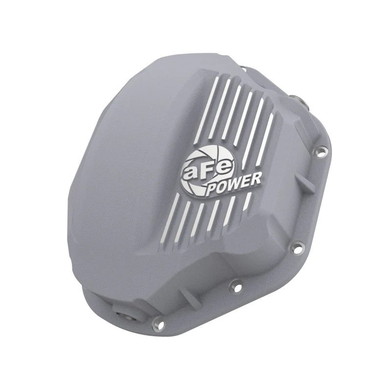 Raw finish aFe Power A380 aluminum rear differential cover with cooling fins and oil level sight glass
