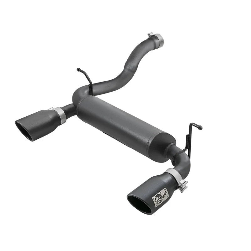 aFe Rebel Series 2.5 inch 409 stainless steel axle-back exhaust with dual 4.5 inch black powder-coated tips.