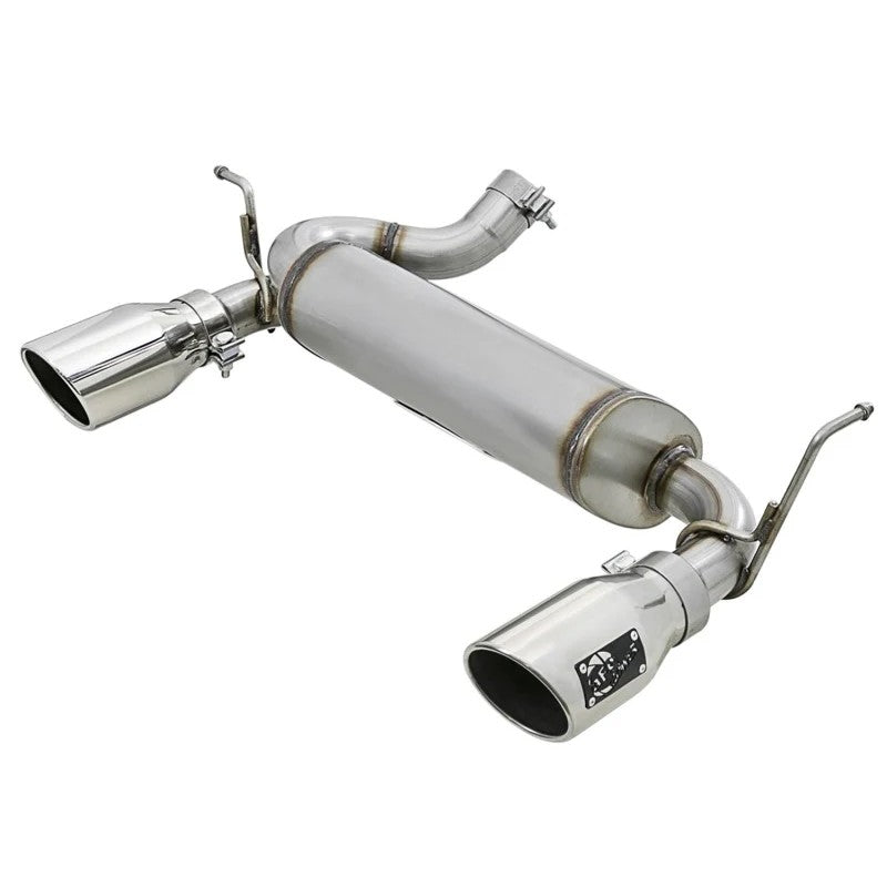 aFe Rebel Series axle-back exhaust system with 409 stainless steel tubing and dual polished 4.5-inch tips