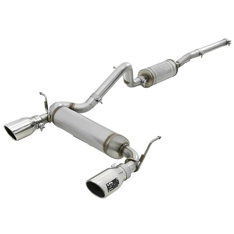 aFe Power Rebel Series 2.5-inch 409 stainless steel cat-back exhaust with dual 4.5-inch polished tips for Jeep Wrangler JK.