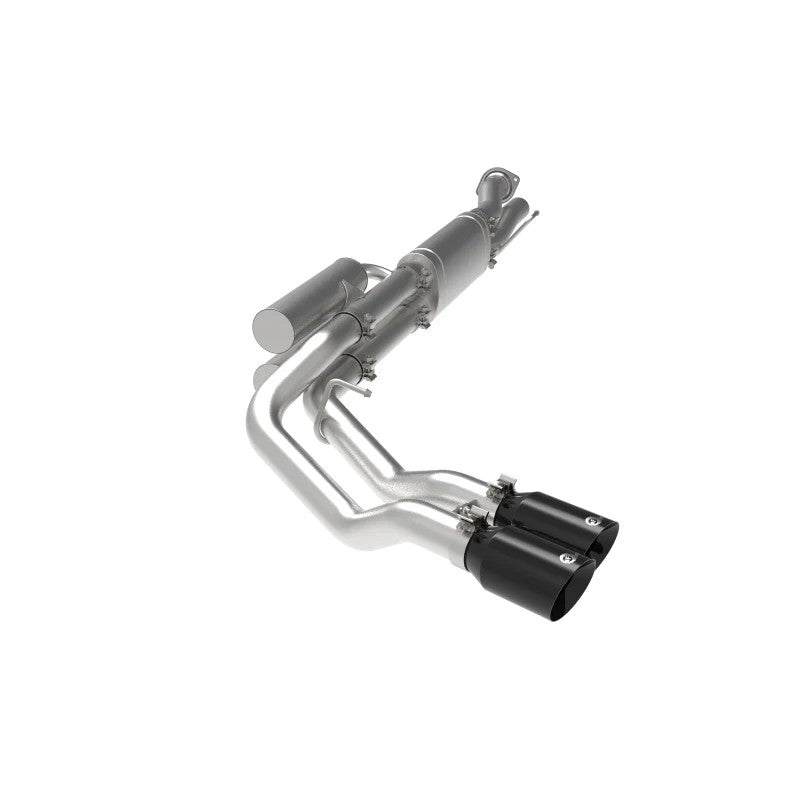 aFe Rebel Series 3 inch 409 stainless steel cat-back exhaust with dual 4.5 inch black tips for Ford Super Duty.