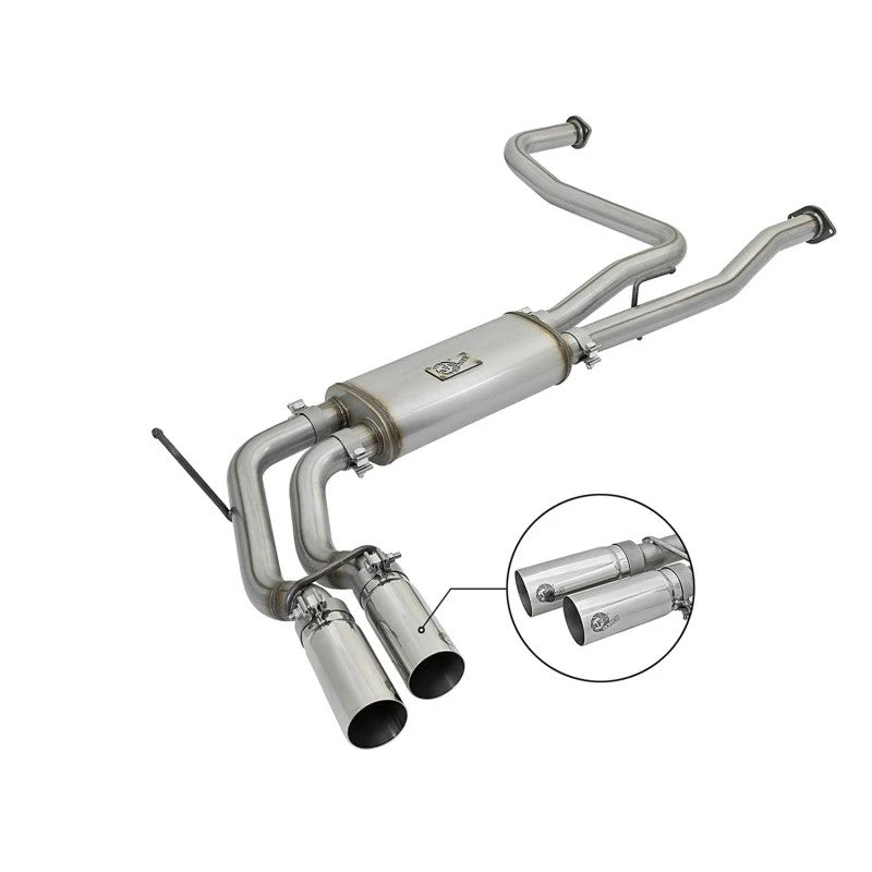 aFe Power Rebel Series cat-back exhaust system featuring stainless steel tubing and dual polished side-exit tips.