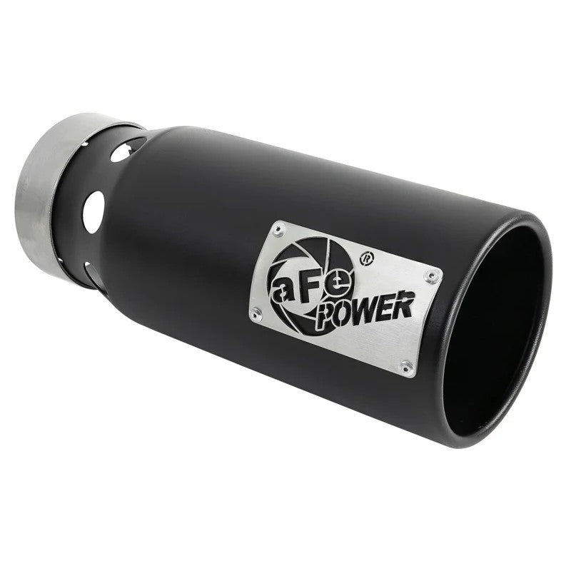 Black stainless steel aFe Power SATURN 4S intercooled exhaust tip with angle-cut rolled edge and riveted logo plate.