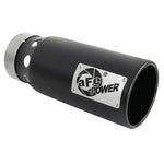 Black stainless steel aFe Power SATURN 4S intercooled exhaust tip with angle-cut rolled edge and riveted logo plate.