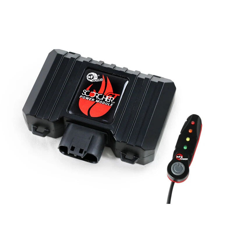 aFe SCORCHER GT black powder-coated aluminum power module with wire harness, connectors, and LED cabin switch.