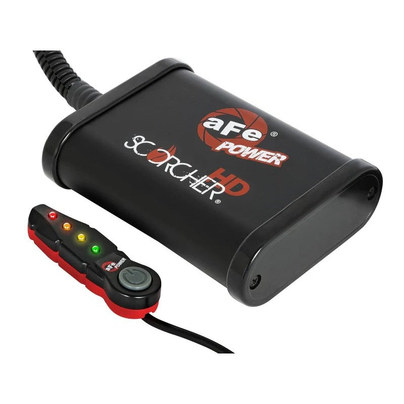 aFe POWER Scorcher HD performance module with wire harness and LED in-cabin power adjustment switch.