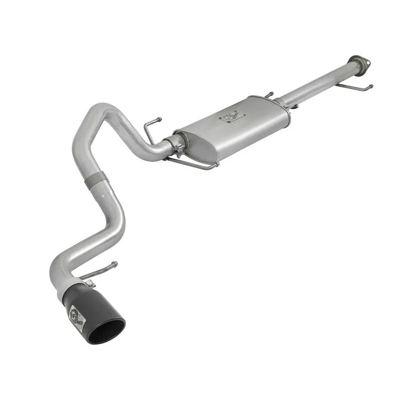aFe Power Scorpion cat-back exhaust system featuring 2.5 inch aluminized steel tubing and a 4.5 inch black stainless tip.