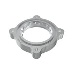 CNC-machined 6061-T6 billet aluminum throttle body spacer with serrated helix design and mounting hardware.