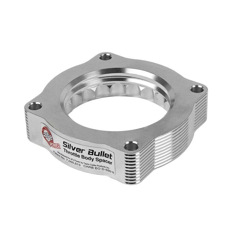 Silver machined aFe Power Silver Bullet billet aluminum throttle body spacer with serrated helix internal bore