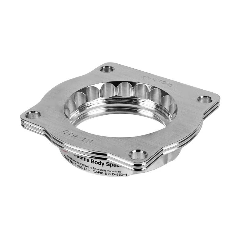 Machined T-6061 billet aluminum aFe Silver Bullet throttle body spacer with serrated helix internal bore.