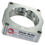 aFe Power Silver Bullet T-6061 billet aluminum throttle body spacer with serrated helix entry design.