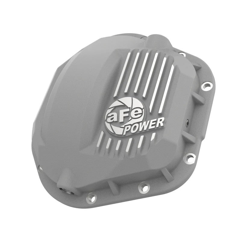 Raw finish cast aluminum aFe Street Series Dana 60 front differential cover featuring machined cooling fins